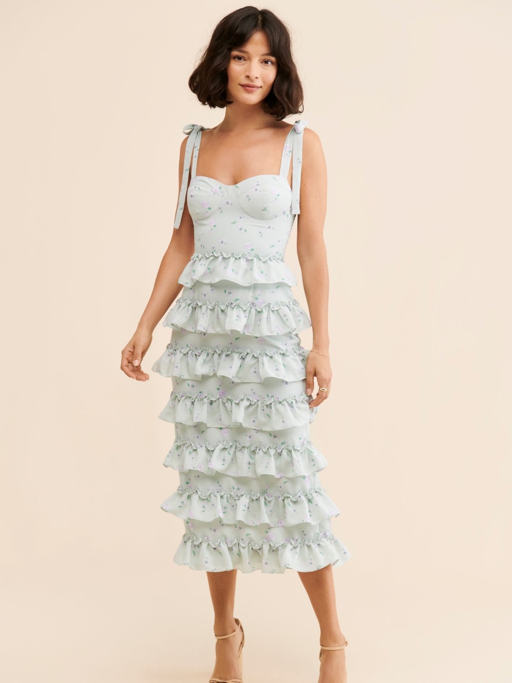 WAYF Masie Tie-Shoulder Ruffled Midi Dress in Pale Mint
